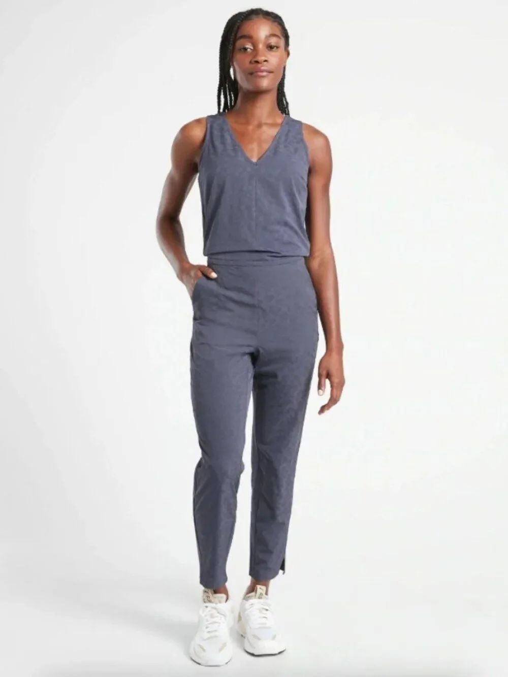 Athleta Brooklyn Textured Jumpsuit Size 4 Medieval Violet Leopard Athleisure